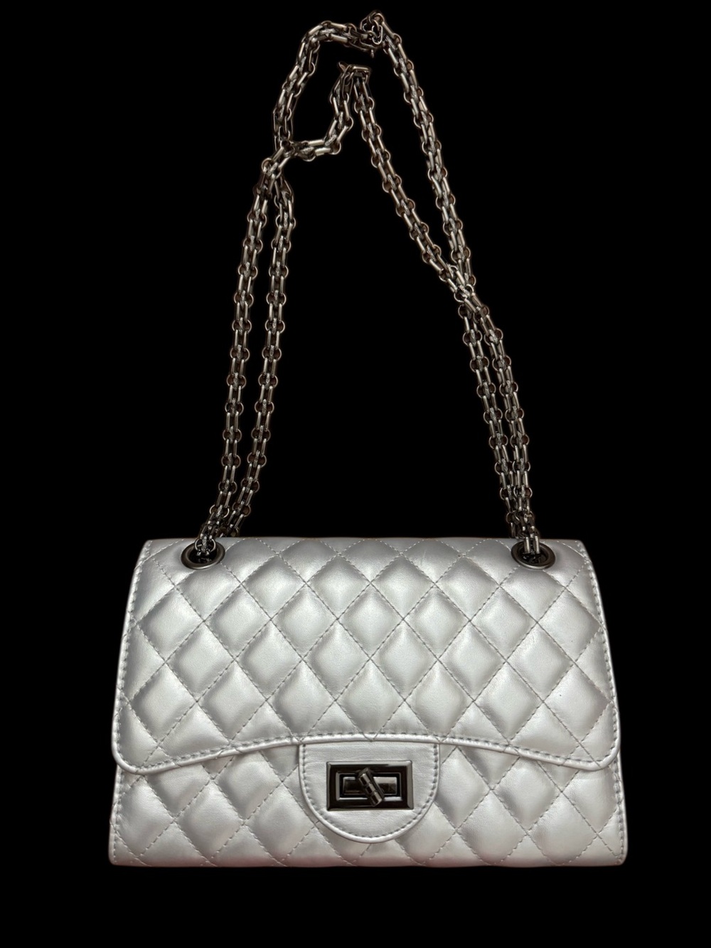 Boutique 9 Silver Quilted Chain Flap Shoulder Bag